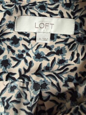 LOFT Beige Blouse with Teal and Black Floral Print